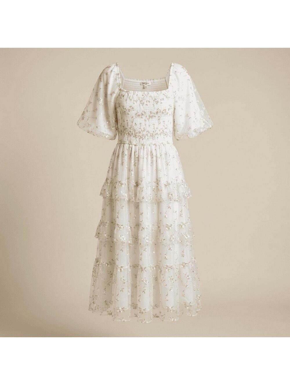 Polagram Something Special Square Neck Tiered Lace Midi Dress Ivory 3X